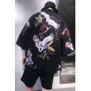 Summer Guys Retro Ukiyo-e Style Floral Crane Printed Three-Quarter Sleeve Open Front Kimono Blouse Shirt