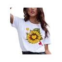 Trendy Summer Heart Sunflower Print Short Sleeve Loose Fit T-Shirt