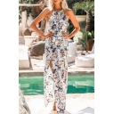 Summer Womens Chic Floral Printed Halter Neck Sexy Split Side Maxi White Beach Dress