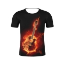 Cool Fire Guitar 3D Printed Short Sleeve Black T-Shirt