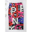 Summer Colorful Letter Print High Rise Split Back Midi Pencil Bodycon Skirt