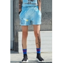 Girls Light Blue Simple Printed Hip Hop Street Fashion Sport Loose Shorts
