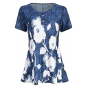 Womens Summer Hot Trendy Floral Print Button Round Neck Short Sleeve Fitted Tunic T-Shirt