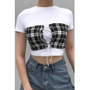 Summer Hot Fashion White Short Sleeve Lace Up Front Striped Print Fitted Cropped T-Shirts