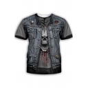 Blood Skull Denim 3D Pattern Round Neck Short Sleeve Grey T-Shirt