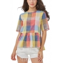 Colorful Plaid Printed Round Neck Short Sleeve Bow-Tied Back Ruffled Blouse for Women