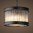 Drum Shaped Chandelier Light with Clear Crystal Antique Metal Ceiling Pendant in Black for Cafe
