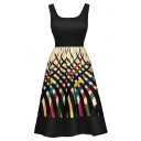 Womens Vintage Scoop Neck Sleeveless Fashion Printed Midi Black Fit and Flared Dress