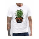 Mens Summer Funny Pineapple Dog Printed Round Neck Short Sleeve White Tee