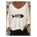 Fashion Simple Fish Bone Printed V-Neck Long Sleeve Loose Fit T-Shirt