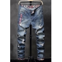 Men's Fashion Blue Washed-Denim Letter Printed Ribbon Patched Rolled Cuffs Zip-fly Ripped Jeans