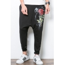 Men's Stylish Rose Printed Drop-Crotch Black Casual Cotton Harem Pants
