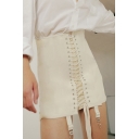 Summer Hot Popular Personality Girls Solid Color Ripped Hole Lace-Up Front Mini Sheath Skirt
