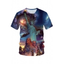Trendy Statue of Liberty Blue Universe Galaxy 3D Print Short Sleeve Tee