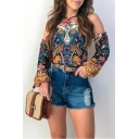 Popular Womens Blue Tribal Pattern Sexy Cold Shoulder Long Sleeve Blouse