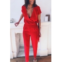 New Trendy Womens Red Plunge V-Neck Short Sleeve Tie-Side Cutout Back Fitted Jumpsuits