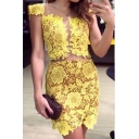 Sexy Hot Fashion Yellow Sheer Mesh Patched Skinny Fitted Mini Lace Dress for Nightclub