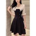 Summer Popular Black Vintage Ruffle Sleeve Chiffon Patch Button Embellished Mini A-Line Flared Dress