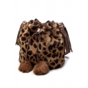 Cool Fashion Leopard Pattern Tassel Embellishment Plush Drawstring Bucket Bag 25*13*24 CM