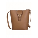 Women's Elegant Solid Color PU Leather Belt Buckle Crossbody Bucket Bag 18.5*22.5*10 CM