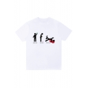 Funny Cartoon Figure Letter Printed Round Neck Short Sleeve White Tee