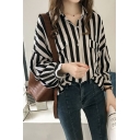Womens New Stylish Vertical Striped Printed Long Sleeve Casual Loose Shirt