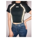Summer Unique Cool Reflective Light Contrast Piping Letter SURE Short Sleeve Slim Fit Black Crop Tee