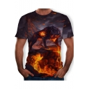 Mens Cool Fire Wolf 3D Printing Round Neck Short Sleeve T-Shirt