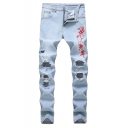 Men's Hot Fashion Floral Embroidery Light Blue Slim Fit Ripped Jeans with Holes