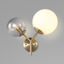 Smoke and White Glass Ball Wall Light Post Modern 2 Head Sconce Lighting in Gold Finish