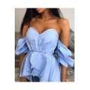 Hot Trendy Womens Plain Off the Shoulder V-Neck Puff Sleeve Blue Ruffled Blouse Top