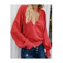 Women's Trendy Simple Plain V-Neck LOng Sleeve Loose Fitted Blouse Top