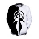 Mens Unique Cool Black and White Comic Figure Print Stand Collar Long Sleeve Baseball Jacket