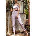 Summer Street Style Chic Spaghetti Straps Sleeveless Elastic Waist Purple Slim Jumpsuits