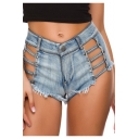 Womens Light Blue Sexy Hollow Out Side High Rise Club Skinny Denim Shorts