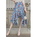 Fashion Chic Womens High Waist Floral Print Asymmetric Ruffle Hem Midi Chic Skirt