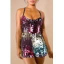 Trendy Womens Sleeveless Sequin Embellished Zip-Back Sexy Straps Rompers