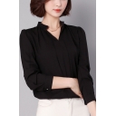 Womens Elegant Solid Color V-Neck Long Sleeve Simple Plain Chiffon Blouse Top