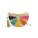 Summer Stylish Colorblock Tassel Embellishment Khaki Semicircular Straw Crossbody Bag 23*15*2 CM