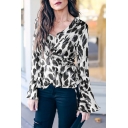 Womens Stylish Leopard Printed Ruffled Tied Surplice V-Neck Flared Long Sleeve Blouse