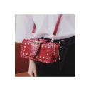 Fashion Retro Plain Woven Detail Rivet Embellishment Belt Buckle Crossbody Sling Bag 10*20*7 CM