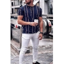 Mens Summer Fashion Blue Vertical Striped Printed Round Neck Short Sleeve Casual T-Shirt