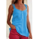 Womens Summer Basic Simple Plain Button Front Sleeveless Casual Tank Top