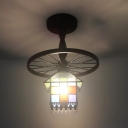 One Bulb House Semi Flush Ceiling Light with Wheel Tiffany Stained Glass Ceiling Lamp for Porch