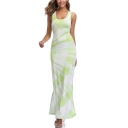 Summer Popular Light Green Scoop Neck Sleeveless Split Side Maxi Bodycon Beach Tank Dress
