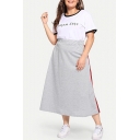 Womens Plus Size Trendy Striped Side Elastic Waist Grey Cotton Maxi Swing Skirt