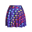 Sweet Colorful Heart Print Girls Purple Mini Pleated Skater Skirt