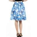 Summer Vintage Blue Floral Printed High Rise Midi Swing Skirt