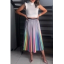 Fancy Rainbow Ombre Color Maxi A-Line Pleated Skirt for Women