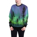 Fashion Green and Purple Galaxy Tree 3D Print Crew Neck Long Sleeve Pullover Sweatshirt